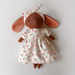 Sell only in UK BROWN BUNNY DOLL, Handmade Fabric Doll, Sleeping Bunny Linen Doll With Flower Dress, Stuffed Heirloom Doll, Bunny Doll 33cm (13 inches)