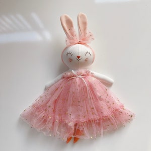 Handmade Bunny Doll, Fabric Doll, Heirloom Doll, Rabbit Doll Princess Pink Dress, Custom Doll, Rag Doll, Personalized Doll