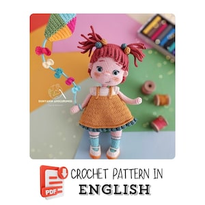 Crochet English PDF pattern Riley Doll, handmade toy making, doll making, Doll with kite, doll with freckles